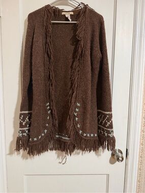 Free people Y2K fringe Brown Knit Open Cardigan Sweater Olsen